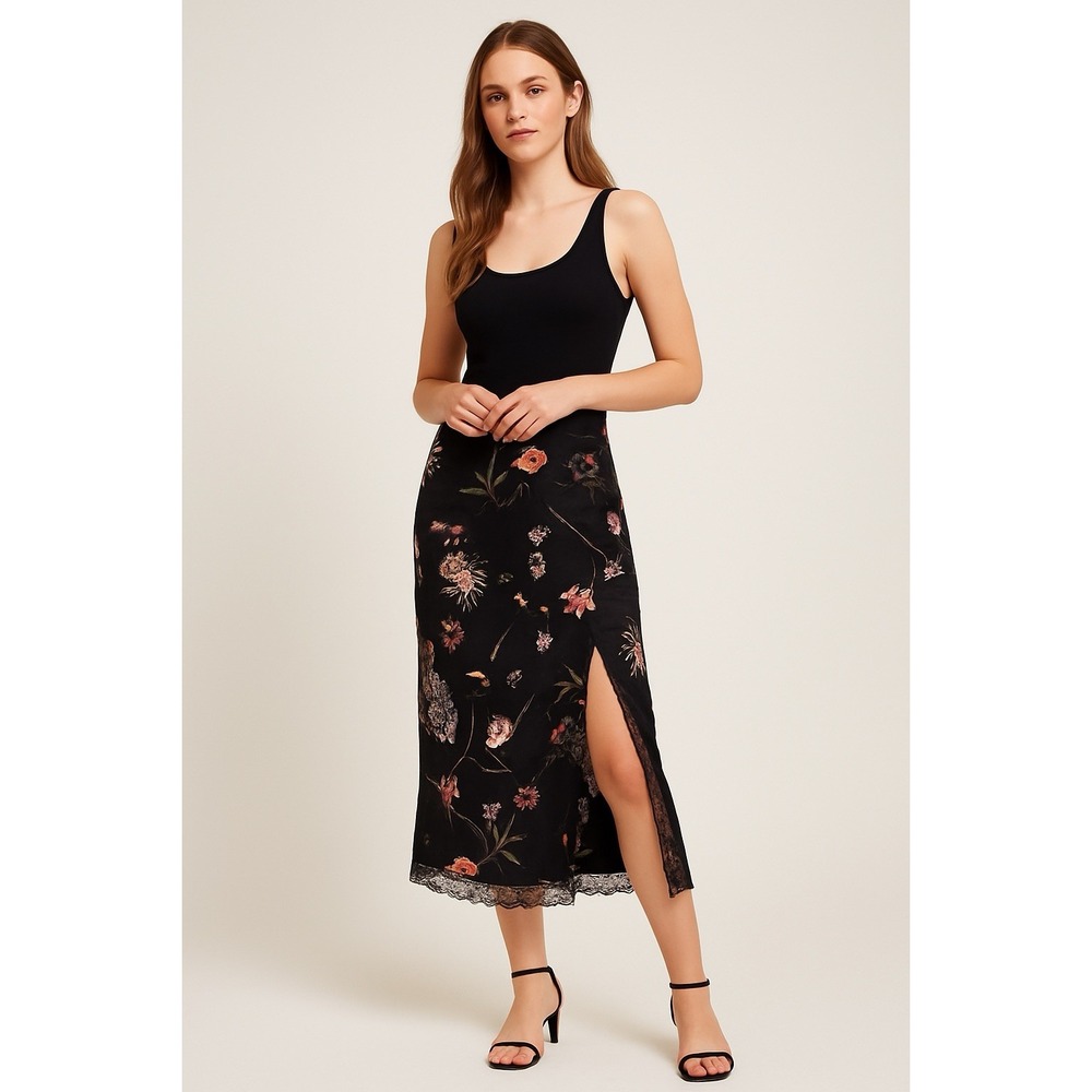 Victorias Secret Midi Skirt S/P Floral Satin Lace Trim Side Slit Fairycore Y2K‎